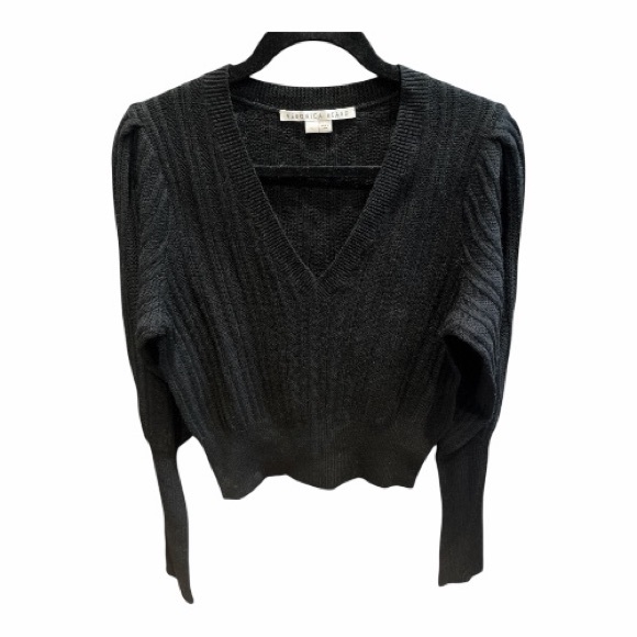 Veronica Beard Esme Wool Knit V-Neck Pullover Sweater SMALL Puff Sleeve Black - Picture 2 of 5